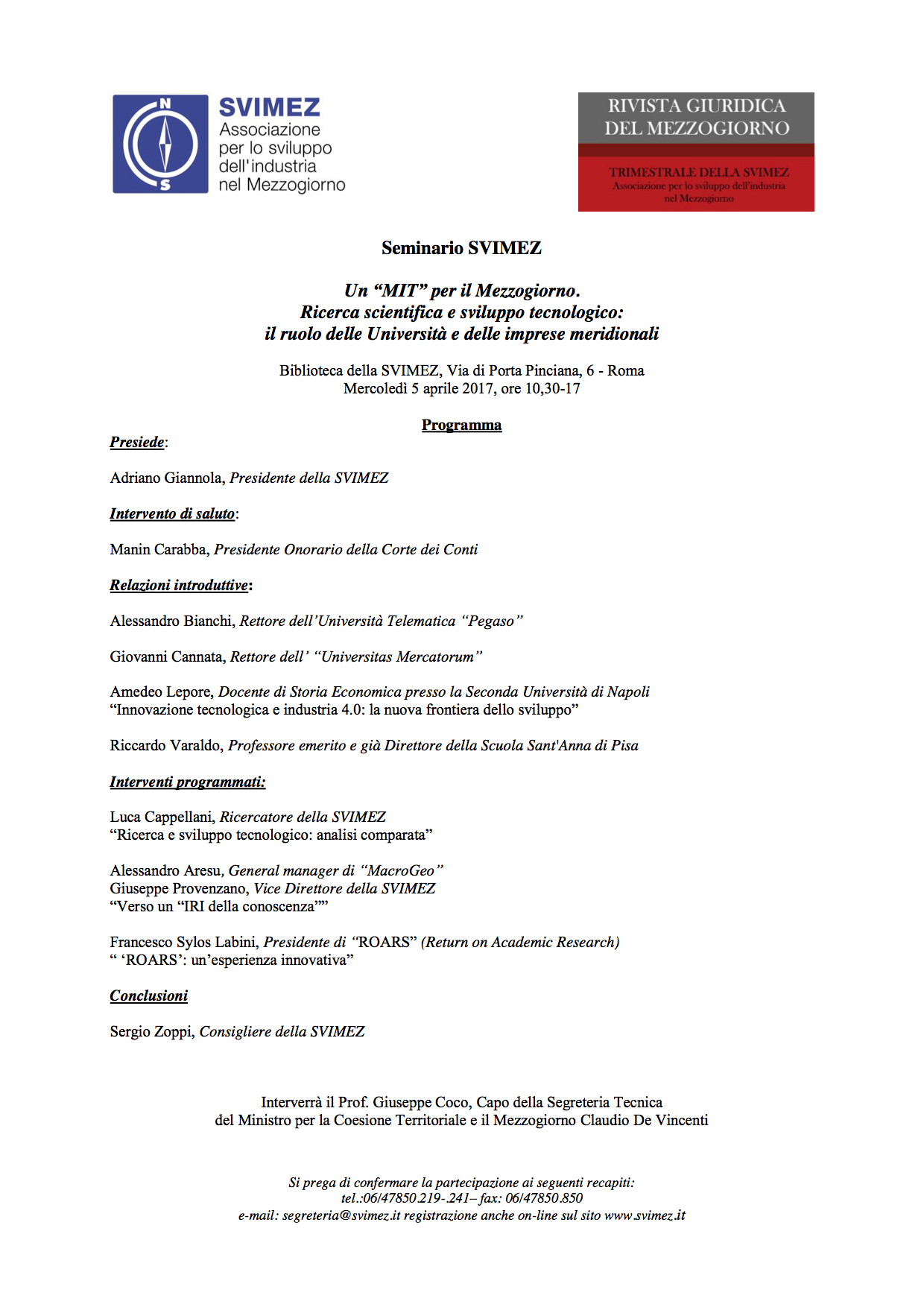Seminario SVIMEZ 5 aprile programma
