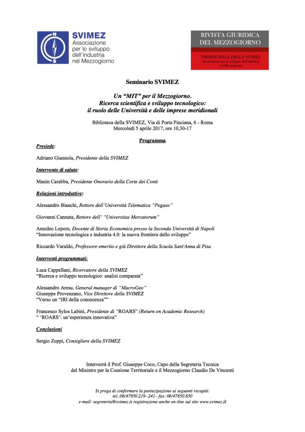 Seminario SVIMEZ 5 aprile programma